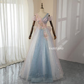 Off-shoulder Gradient-Color Tulle Glitter Sequined Stars Prom Dress