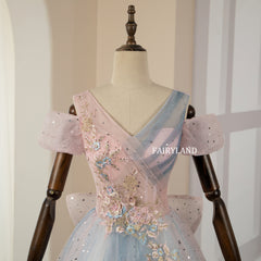 Off-shoulder Gradient-Color Tulle Glitter Sequined Stars Prom Dress