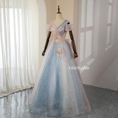Off-shoulder Gradient-Color Tulle Glitter Sequined Stars Prom Dress
