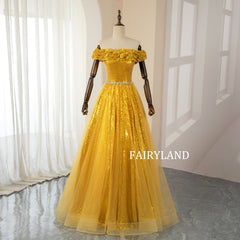 Off-The-Shoulder Floor-length Sparkly Yellow Sequins Prom Dresses