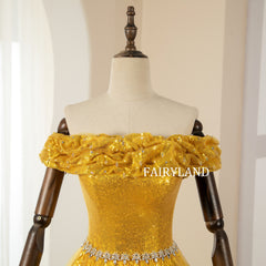 Off-The-Shoulder Floor-length Sparkly Yellow Sequins Prom Dresses