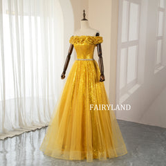 Off-The-Shoulder Floor-length Sparkly Yellow Sequins Prom Dresses
