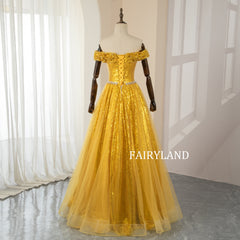 Off-The-Shoulder Floor-length Sparkly Yellow Sequins Prom Dresses