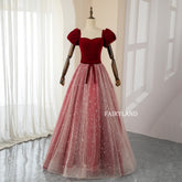 Chic Sweet Bow Red Velvet Short Sleeves Prom Dresses With Starry Tulle