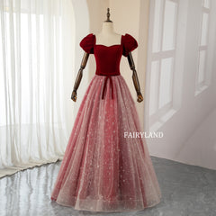 Chic Sweet Bow Red Velvet Short Sleeves Prom Dresses With Starry Tulle
