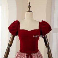 Chic Sweet Bow Red Velvet Short Sleeves Prom Dresses With Starry Tulle
