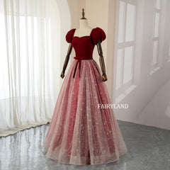 Chic Sweet Bow Red Velvet Short Sleeves Prom Dresses With Starry Tulle