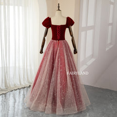 Chic Sweet Bow Red Velvet Short Sleeves Prom Dresses With Starry Tulle