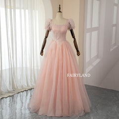 Glitter Tulle Candy Pink Puff Sleeve Ball Gown