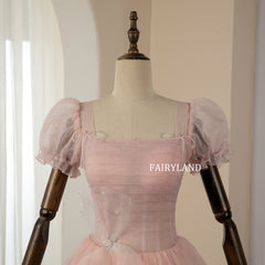 Glitter Tulle Candy Pink Puff Sleeve Ball Gown