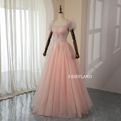 Glitter Tulle Candy Pink Puff Sleeve Ball Gown