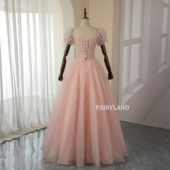 Glitter Tulle Candy Pink Puff Sleeve Ball Gown