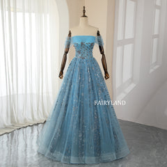 Off-Shoulder Blue Tulle Sliver Sequins Princess Dress for Prom