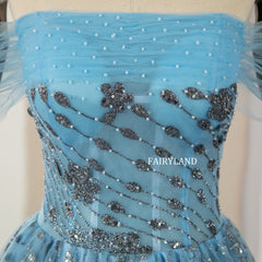 Off-Shoulder Blue Tulle Sliver Sequins Princess Dress for Prom
