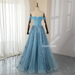 Off-Shoulder Blue Tulle Sliver Sequins Princess Dress for Prom
