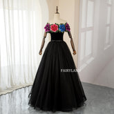 Fairyland Black Tulle Floral Ball Gown – Off-Shoulder Colorful Rose Tulle Dress