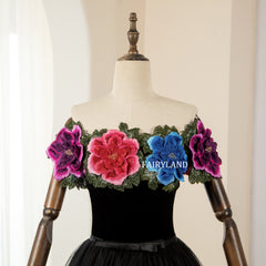 Fairyland Black Tulle Floral Ball Gown – Off-Shoulder Colorful Rose Tulle Dress