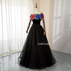 Fairyland Black Tulle Floral Ball Gown – Off-Shoulder Colorful Rose Tulle Dress