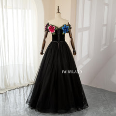 Fairyland Black Tulle Floral Ball Gown – Off-Shoulder Colorful Rose Tulle Dress