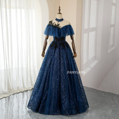 Halter Navy Blue Lace Appliques Prom Dresses With Sequins