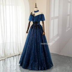 Halter Navy Blue Lace Appliques Prom Dresses With Sequins