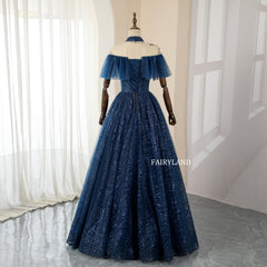 Halter Navy Blue Lace Appliques Prom Dresses With Sequins