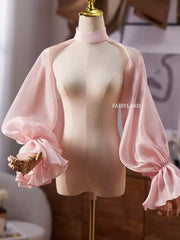 Elegant Sheer Pink Chiffon Bridal Bolero – High Neck Open-Shoulder Wrap with Puffy Lantern Sleeves