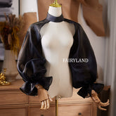 Sheer Black Organza Puff Sleeve Bolero – Detachable Dramatic Bridal Jacket with High Neck