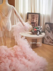Pink Ruffled Tulle Bridal Robe with Long Train – Sheer Photoshoot Gown by FAIRYLAND