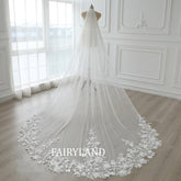 Veil Bridal Pearl 3D Scattered Small Florals, Floral Lace Wedding Veil 1 Tier 118" Cathedral, Lace Wedding Veil Custom Lengt with Comb
