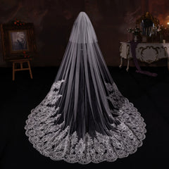 Cathedral Length Lace Wedding Veil with Heavy Embroidered Edge – Elegant Long Bridal Veil