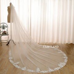 Cathedral-Length Tulle Bridal Veil with Hand-Appliquéd Floral Lace Trim