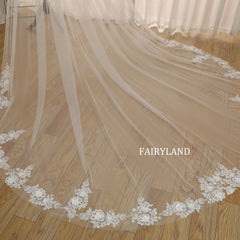 Cathedral-Length Tulle Bridal Veil with Hand-Appliquéd Floral Lace Trim