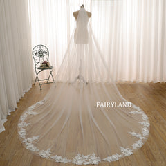 Cathedral-Length Tulle Bridal Veil with Hand-Appliquéd Floral Lace Trim