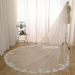 Cathedral-Length Tulle Bridal Veil with Hand-Appliquéd Floral Lace Trim