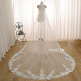 Long Cathedral Bridal Veil with Delicate Lace and Sheer Illusion Tulle