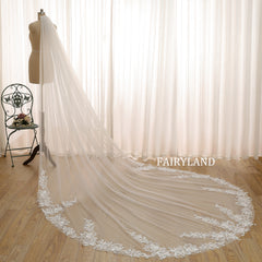 Long Cathedral Bridal Veil with Delicate Lace and Sheer Illusion Tulle