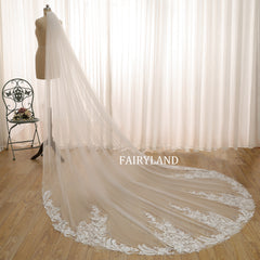 Inspired Bridal Veil with Delicate Plant Lace Appliqués and Soft Flowing Tulle