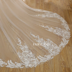 Inspired Bridal Veil with Delicate Plant Lace Appliqués and Soft Flowing Tulle
