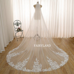 Inspired Bridal Veil with Delicate Plant Lace Appliqués and Soft Flowing Tulle