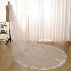 Bridal Veil with Cascading 3D Flowers and Lace Trim for a Dreamy Look