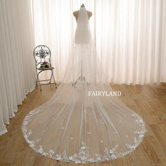 Bridal Veil with Cascading 3D Flowers and Lace Trim for a Dreamy Look