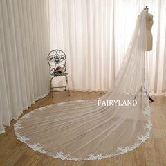 Minimalist Bridal Veil with Soft Tulle & Delicate Lace Trim in Cathedral Length