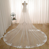 Minimalist Bridal Veil with Soft Tulle & Delicate Lace Trim in Cathedral Length