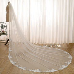 Minimalist Bridal Veil with Soft Tulle & Delicate Lace Trim in Cathedral Length