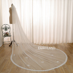 Sheer Wedding Veil in Soft Ivory Tulle with Minimalist Sequined Floral Lace Trim