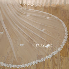 Sheer Wedding Veil in Soft Ivory Tulle with Minimalist Sequined Floral Lace Trim