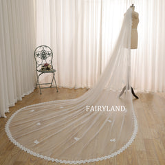 Sheer Wedding Veil in Soft Ivory Tulle with Minimalist Sequined Floral Lace Trim