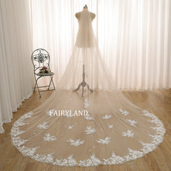 Romantic Bridal Veil with Hand-Embellished Floral Lace and Flowing Sheer Tulle