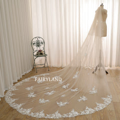 Romantic Bridal Veil with Hand-Embellished Floral Lace and Flowing Sheer Tulle